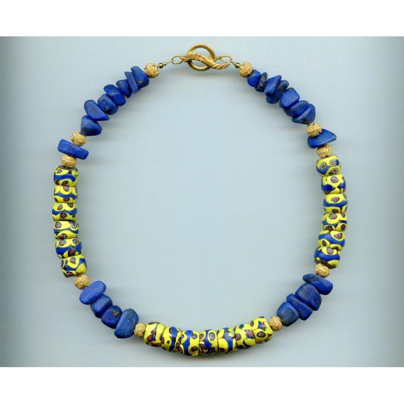 Perles vénitiennes Millefiori et lapis-lazuli. Venetian Glass Beads